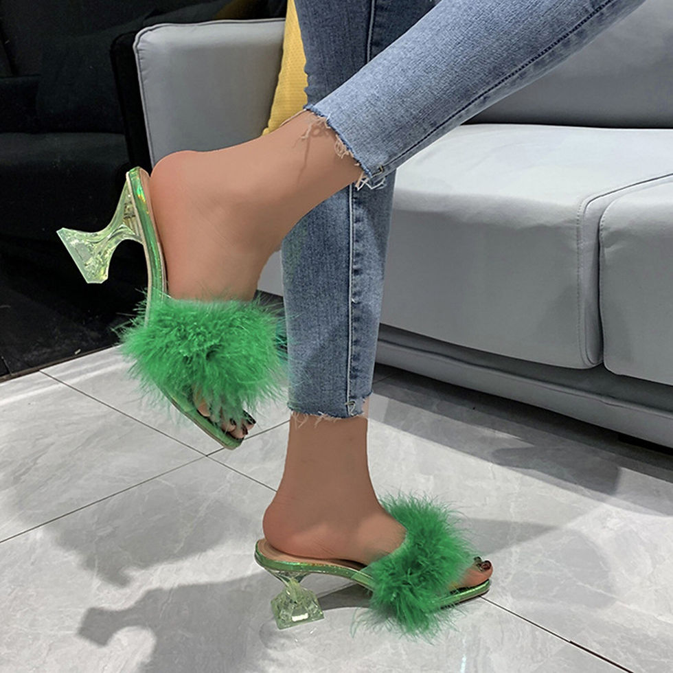 Thumbnail: 2022 New Women Square Head Solid Color Feather Simple Slippers Female