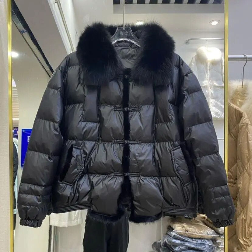Thumbnail: 2023Real Fox Fur Collar Winter Women White Duck Down Jacket Ladies Short Warm P
