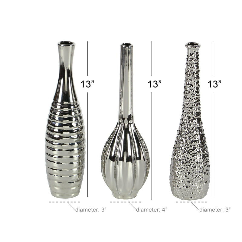 Thumbnail: 12"H Slim Textured Bottleneck Silver Ceramic Vase with Varying Patterns, Set of