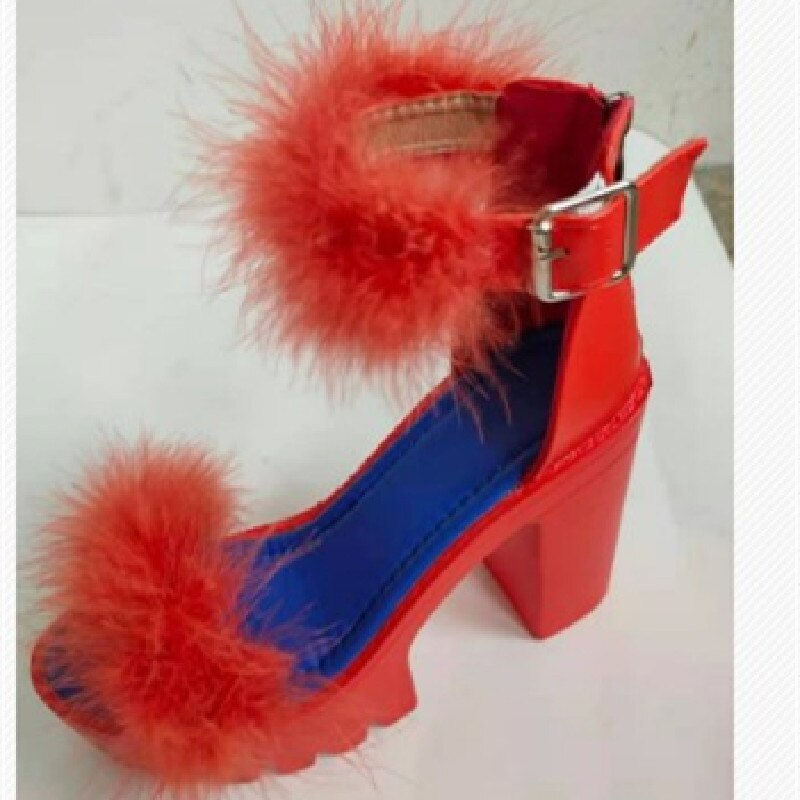 Thumbnail: 2022 Summer Woman Fashion Furry Sandals High Heels with Fur Female