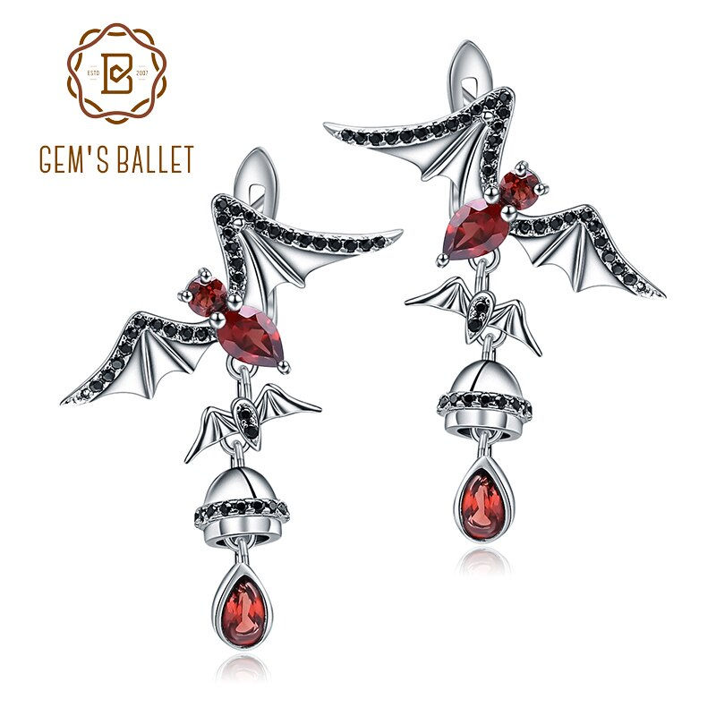 Thumbnail: GEM'S BALLET Natural Garnet Gemstone Bat Earrings 925 Sterling Sliver Vintage G