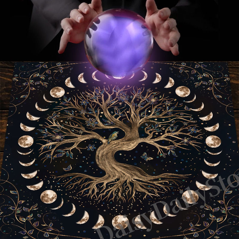 Imej kecil: Tree of Life Tarot Card Tablecloth Moon Phase Altar Cloth Pagan Pendulum Witchc