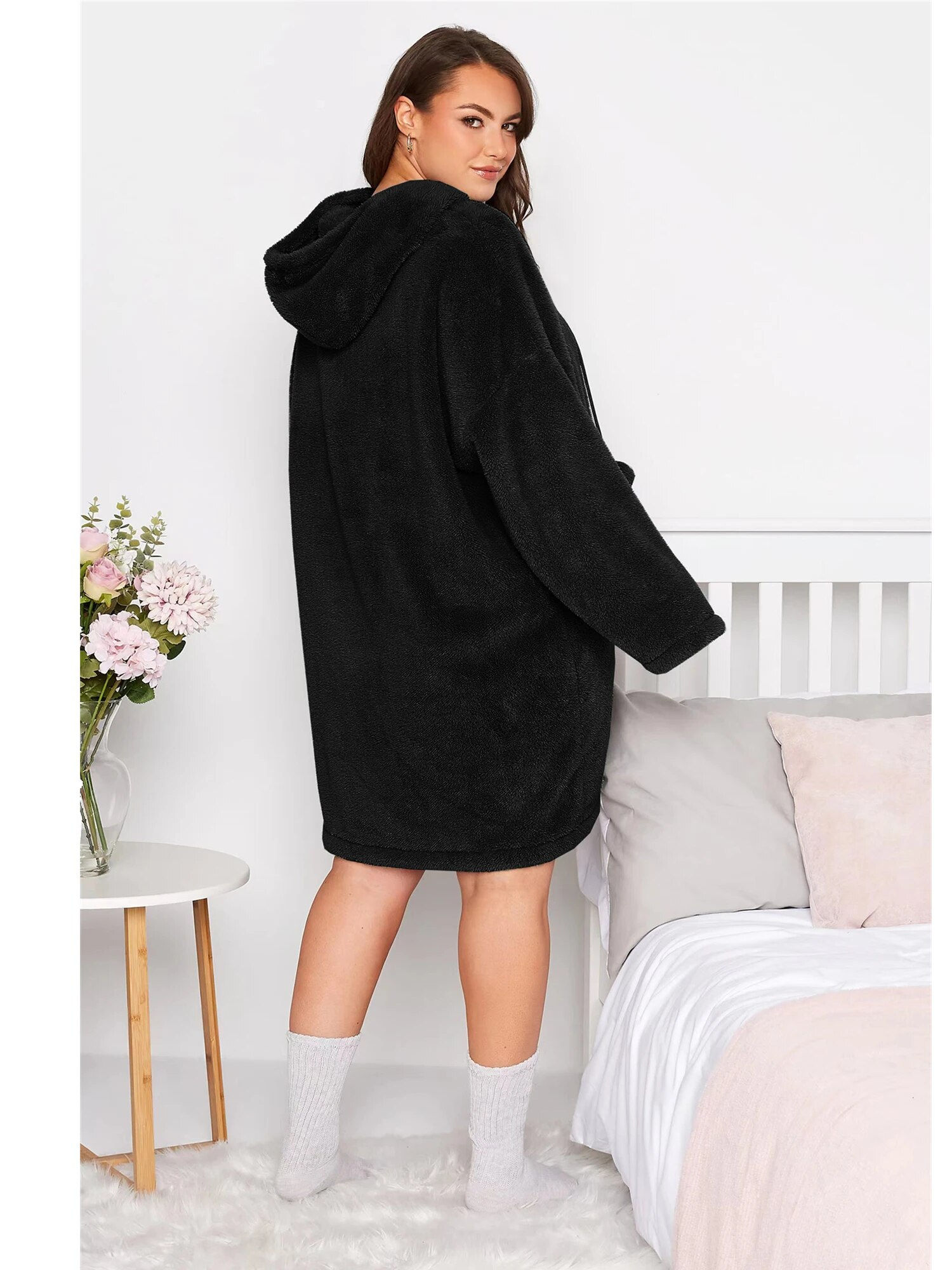 Plus Size Casual Autumn Winter Teddy Hoodie Dress Women Long Sleeve Pocket Fron