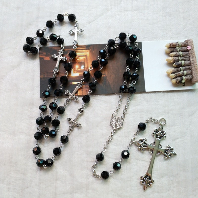Thumbnail: QIGO Black Crystal Rosary Necklace Long Cross Pendant For Men Women