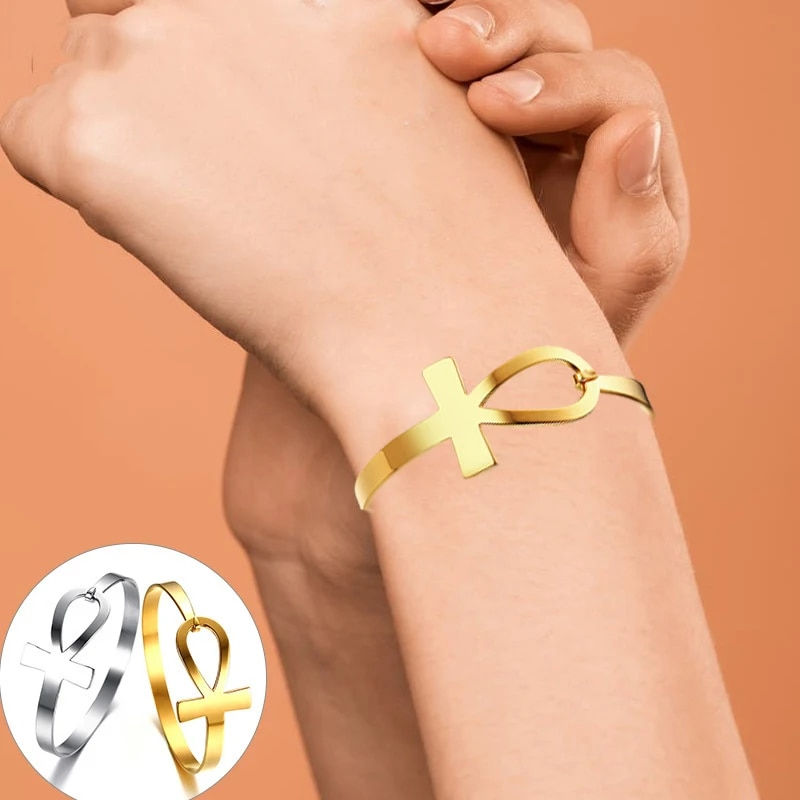 Thumbnail: Women's Cross Bracelets, Anti Allergy Stainless Steel Key of Life Bangle Bracel