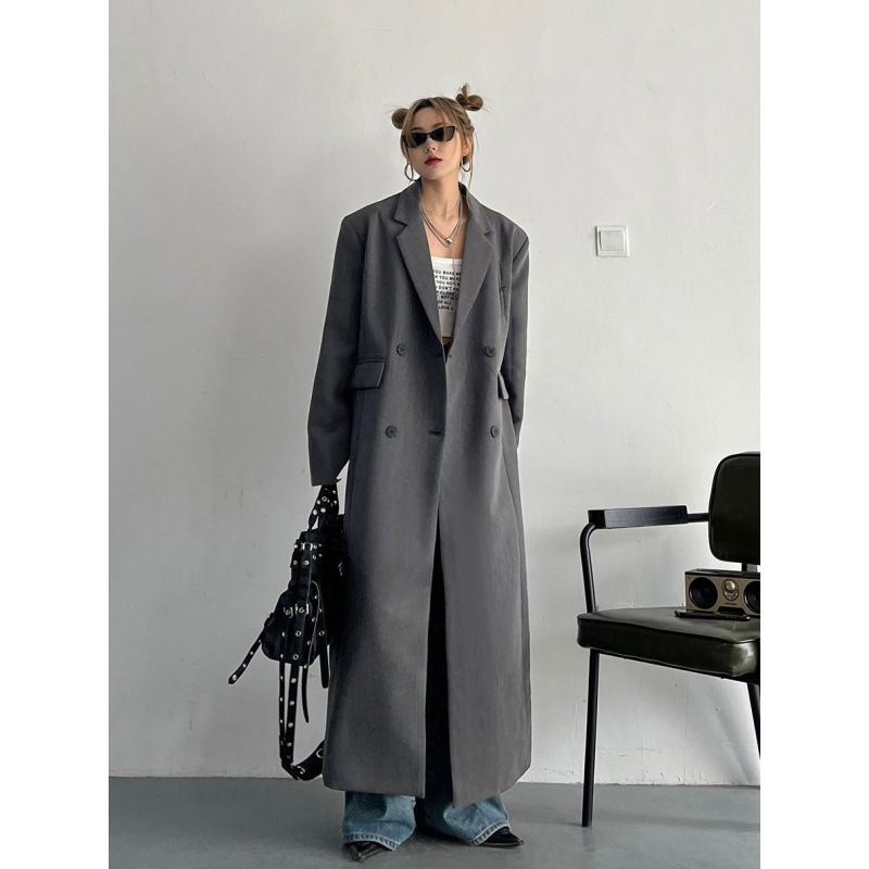 Thumbnail: Strong Aura Profile Draping Effect Loose Slimming Korean Style Long Suit Trench