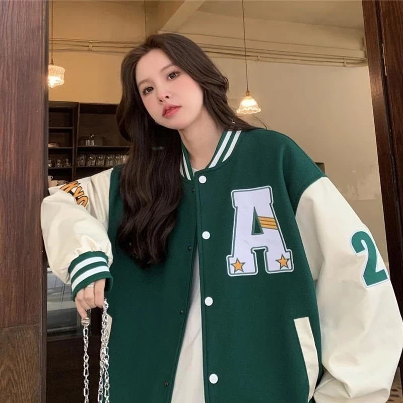 Thumbnail: Unisex Retro Alphabet Print Baseball Jacket - Harajuku Style All-Match for Men