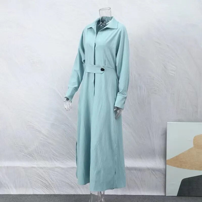 الصورة المصغرة: Plus Size 2023 Autumn Women Dress White Casual V Neck Lapel Long Sleeve Dress W
