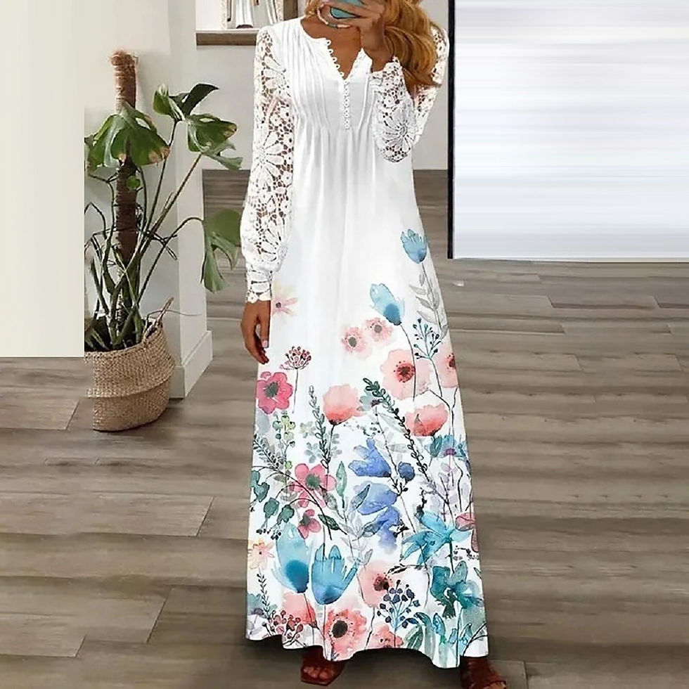 Miniaturbild: 2023 Spring And Summer Casual Dress Floral Lace Pleated Long Dress V Neck