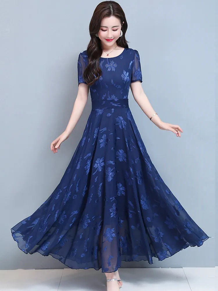 Thumbnail: Vintage Blue Clothes For Women 2023 Maxi Dress Chiffon Floral Party Elegant Boh