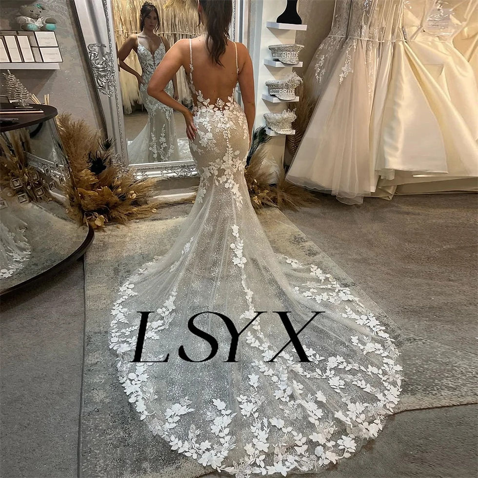 Thumbnail: LSYX Deep V-Neck Sleeveless Appliques Shiny Tulle White Mermaid Wedding Dress O