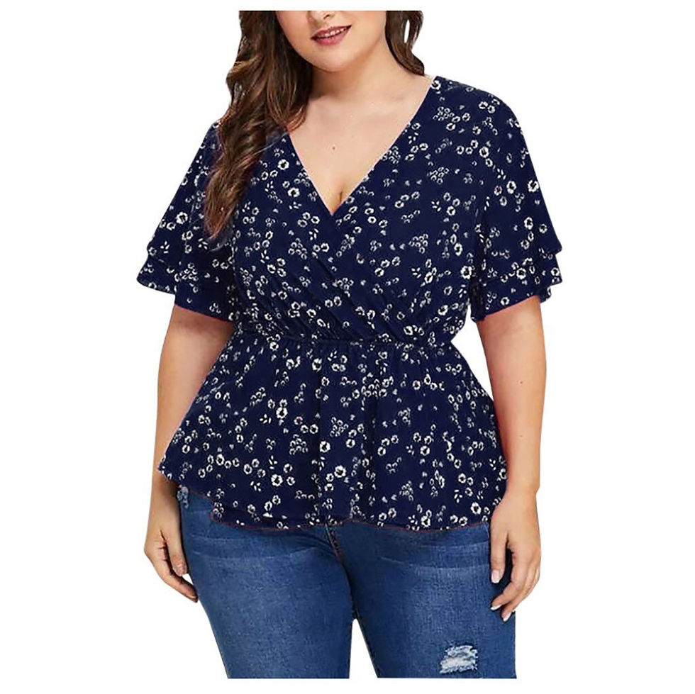 Miniatura: Plus Size Flower Print Tops Women's Fashionblouse V Neck Short Sleeve Shirts Ru