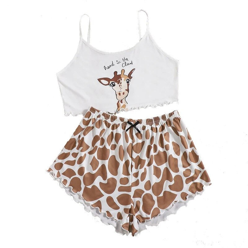Thumbnail: Women Sleepwear Cute Cartoon Print Short Set Pajamas Summer Sweet Sleeveless Py