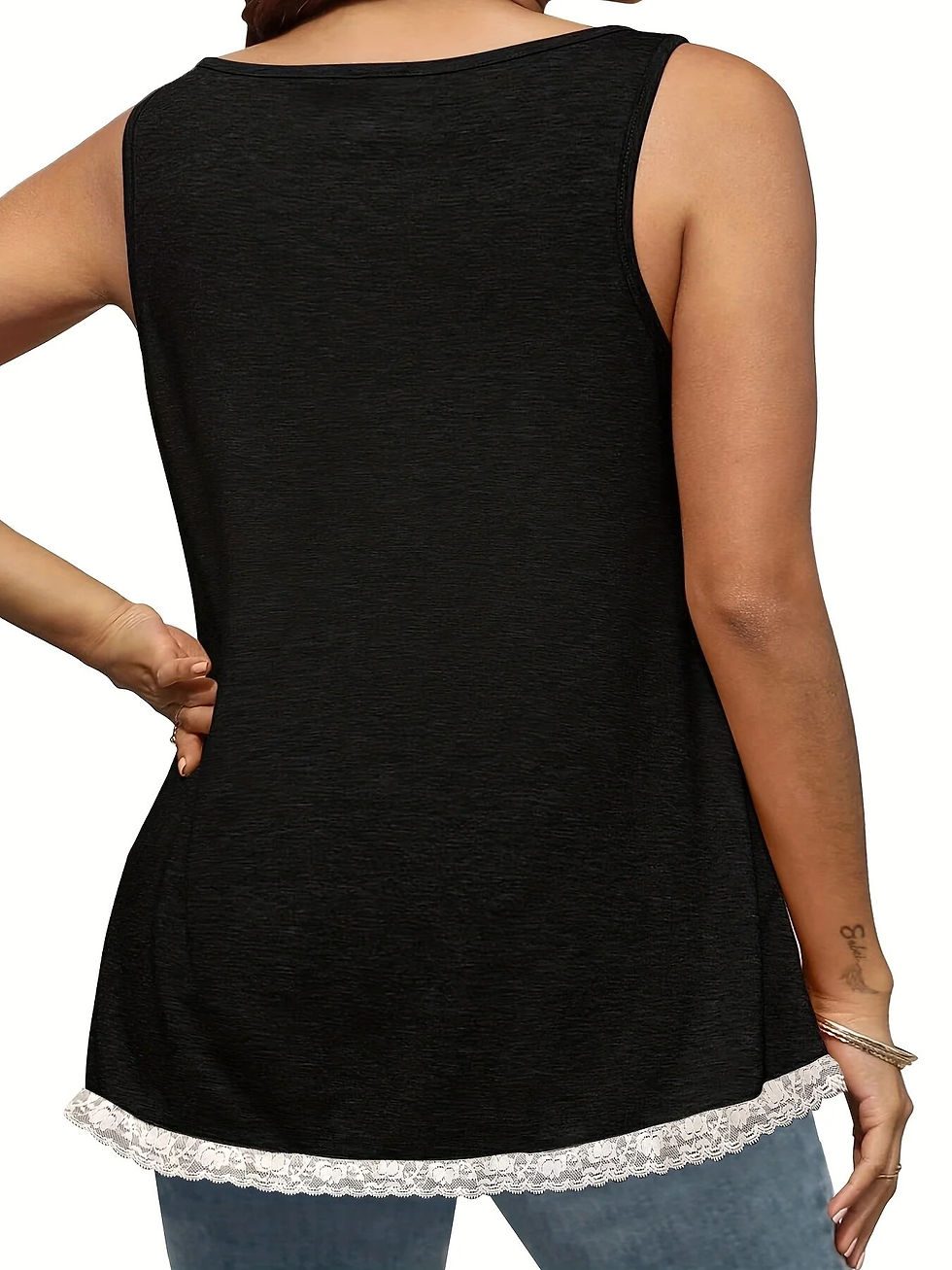 Thumbnail: Plus Size Black Casual Vest Top, Women's Plus Contrast Lace Trim Button Decor R
