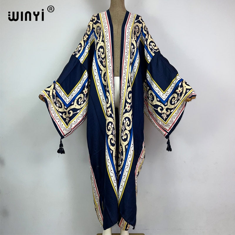 Thumbnail: 2023 WINYI new Cotton feeling Bikini Cover-ups Bohemian print Front Open Long K