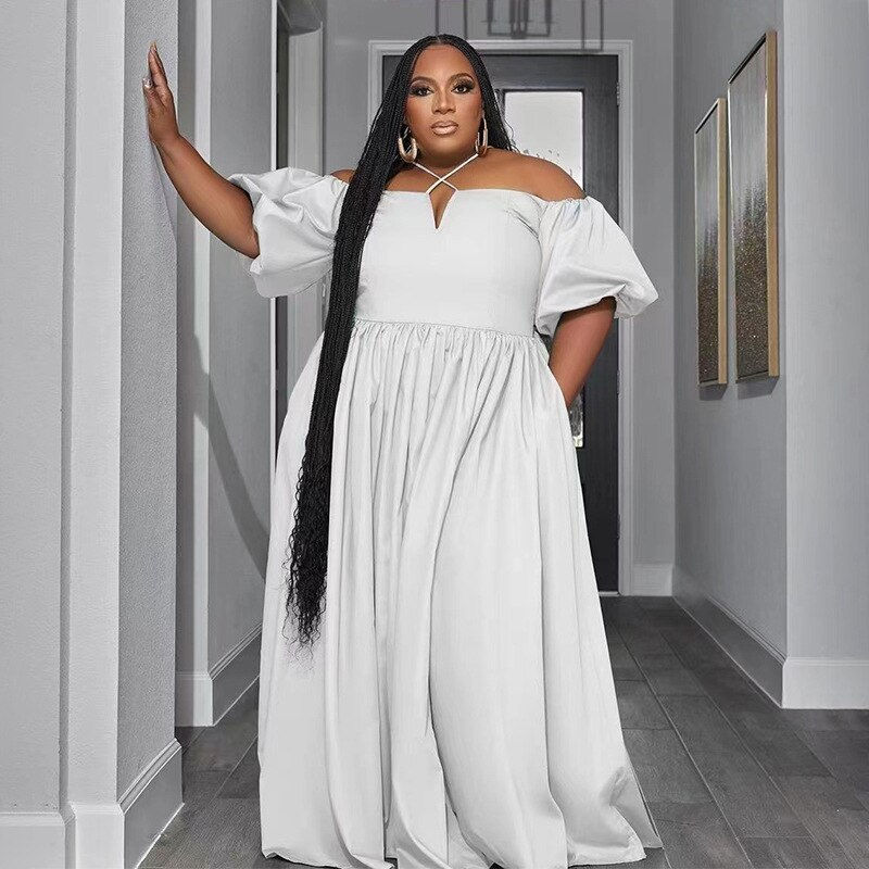 Perl Plus Size Cross Halter Cold Shoulder A-line Dress High Waist Women Clothin