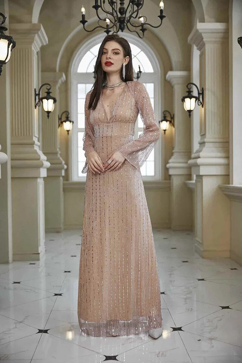 Thumbnail: Autumn Sexy Long Sleeve V Neck Evening Dresses Sequins Formal Party Gowns High