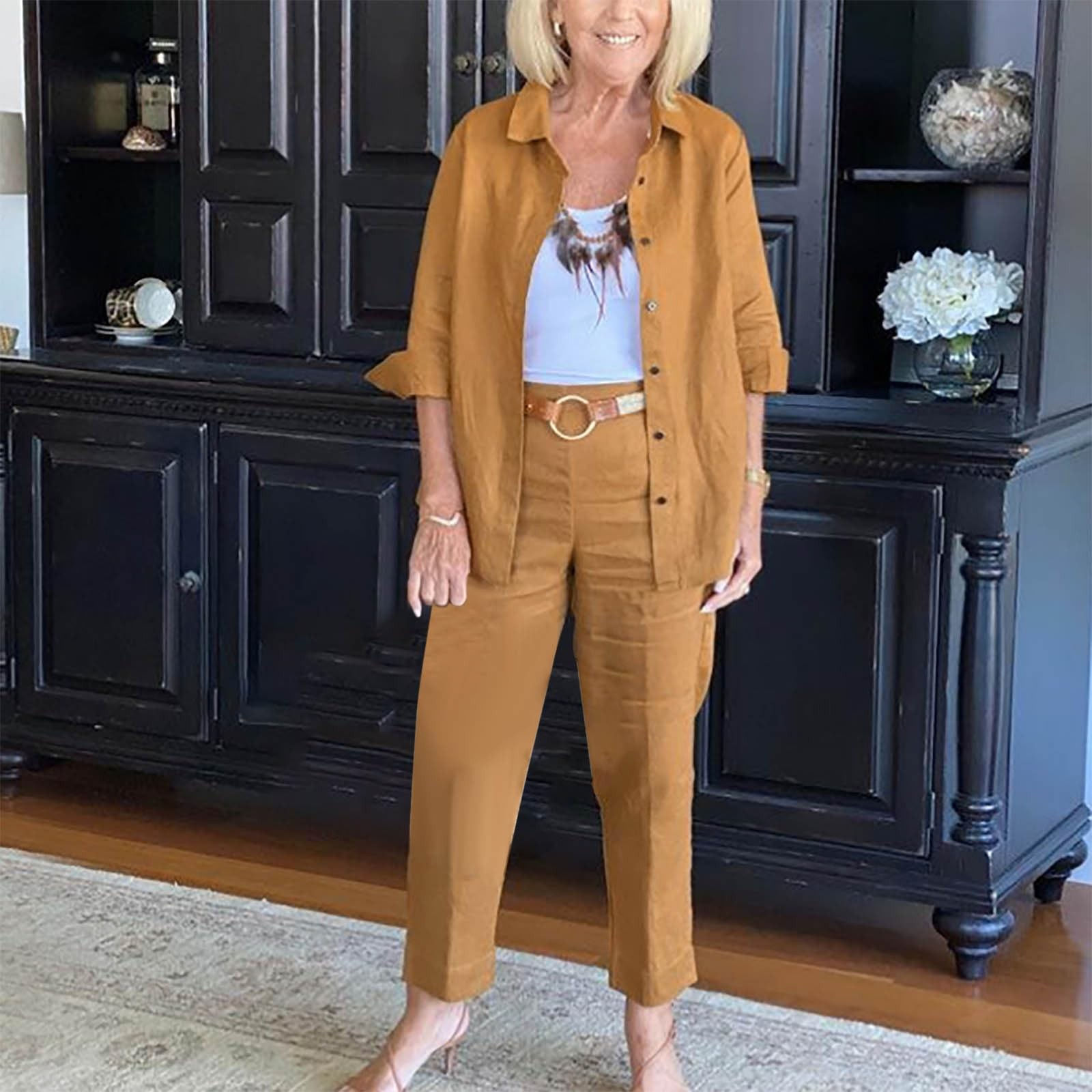 Cotton Linen Sets For Women Button Down Shirt Two Piece Pant Sets Y2k Long Slee