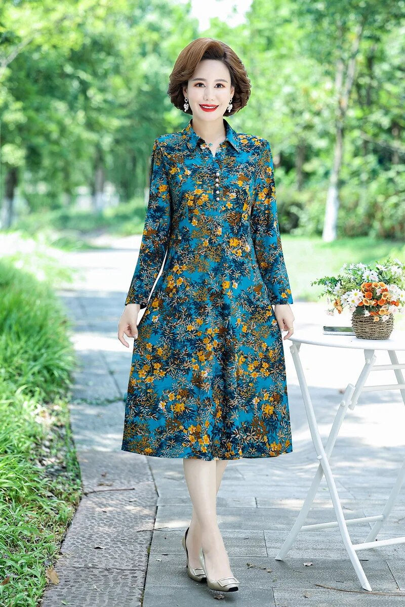 Thumbnail: spring and summerLadies Dress Elegant Flower long sleeves Midi  shirt collar Dr