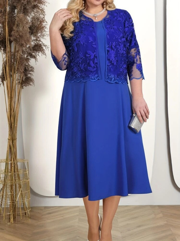 Thumbnail: Plus Size Dress Two-piece Set Lace Chiffon Three-quarter Sleeves O-neck Dress W