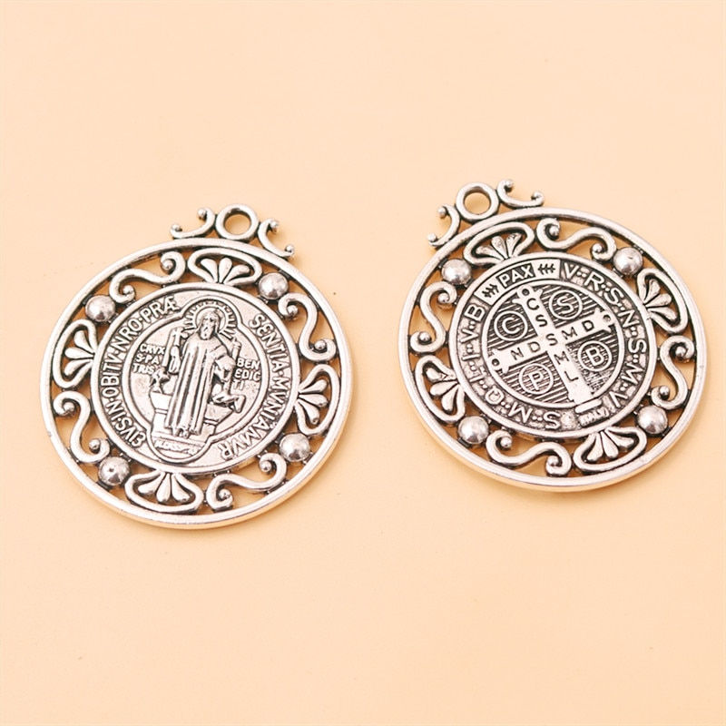 Thumbnail: 2pcs Metal Carved Macrame Sacramental Pendants Saint Benedict Crosses
