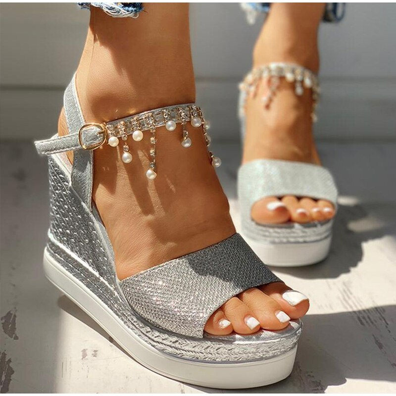 Miniatyrbild: 2023 New Women Wedge Sandals Summer Bead Studded Detail Platform Sandals Buckle