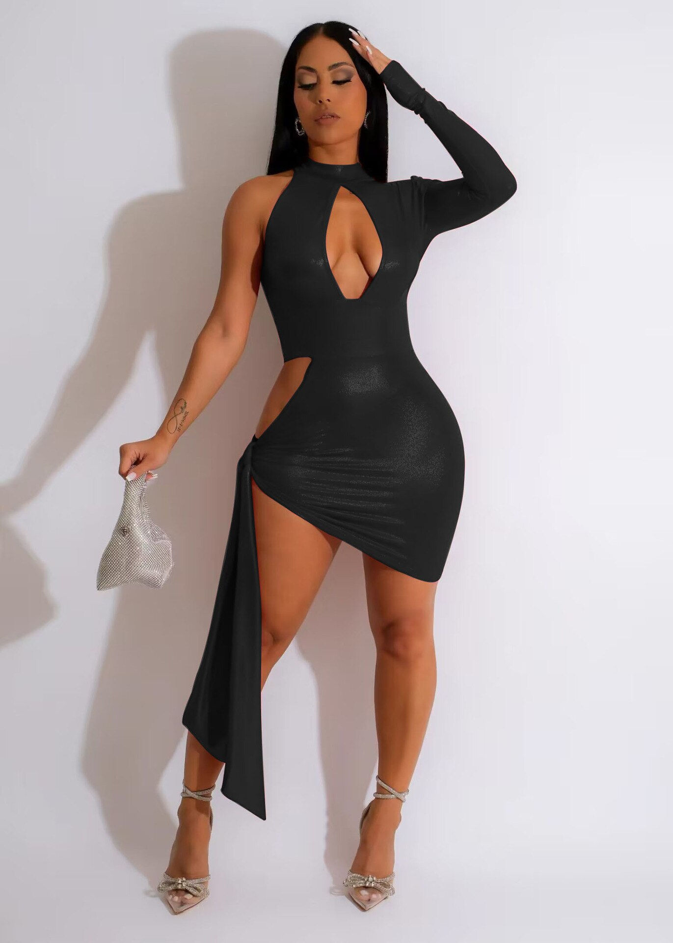 Sparkling Evening Dress Women PU Leather Sexy One Shoulder Skinny Cut Out