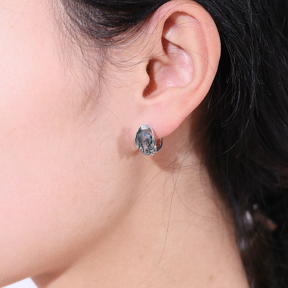 Thumbnail: GEM'S BALLET Dainty Gemstone Earrings 8X10mm Oval Natural Moss Agate Studs Earr