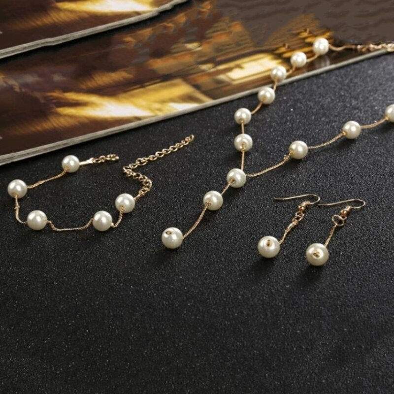 Thumbnail: 4pcs Gold-color Necklace Earring Bracelet Set Ladies Elegant Imitation-Pearls C