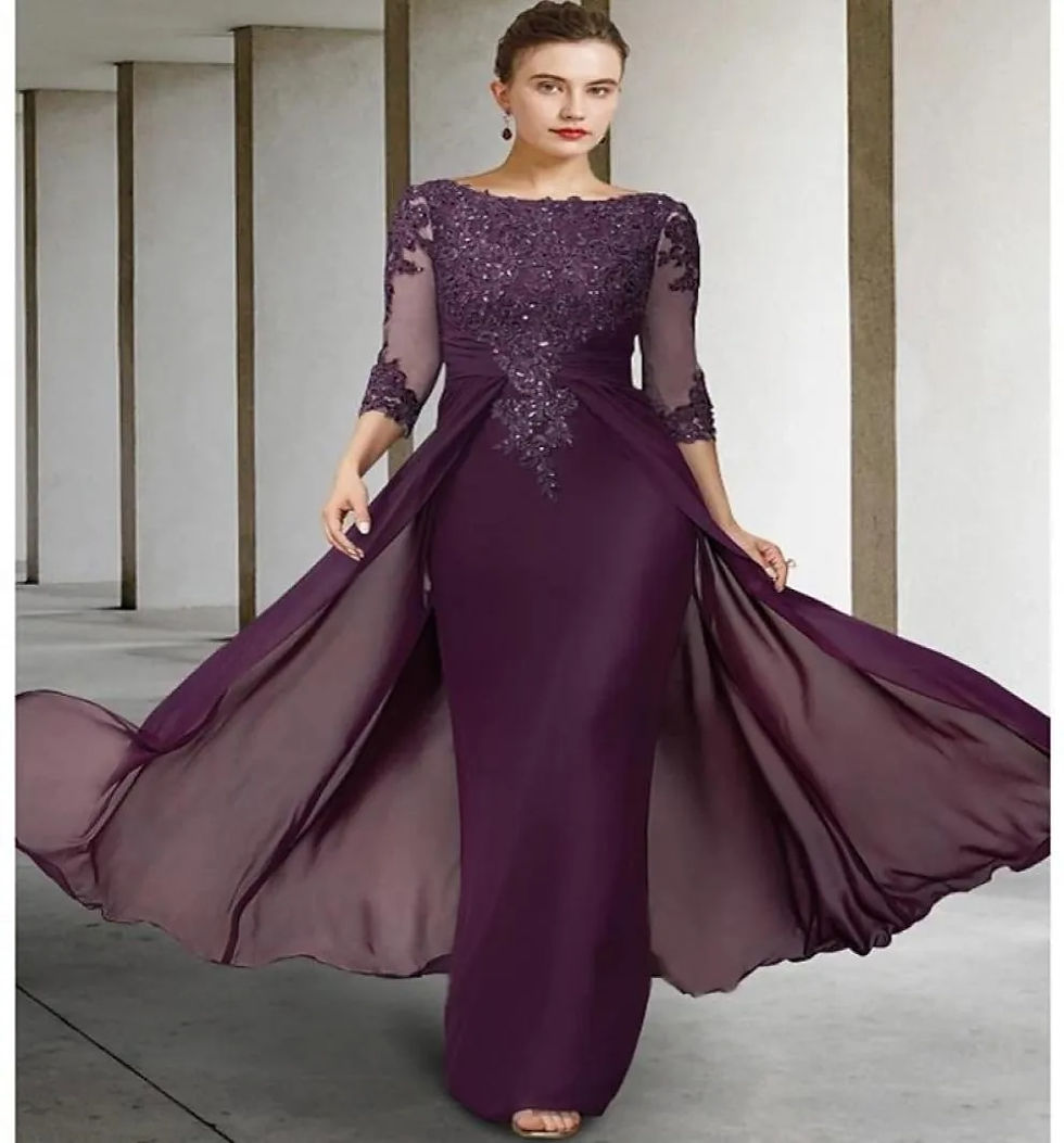 Thumbnail: Purple Mother of the Bride Dress for Wedding Party  Lace Tulle 3/4 Long Sleeve
