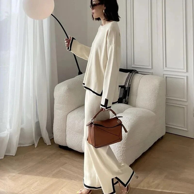 Thumbnail: Elegant O-neck Side Slit Pullover Long Sleeve Sweater+wide Leg Pants 2 Piece Se