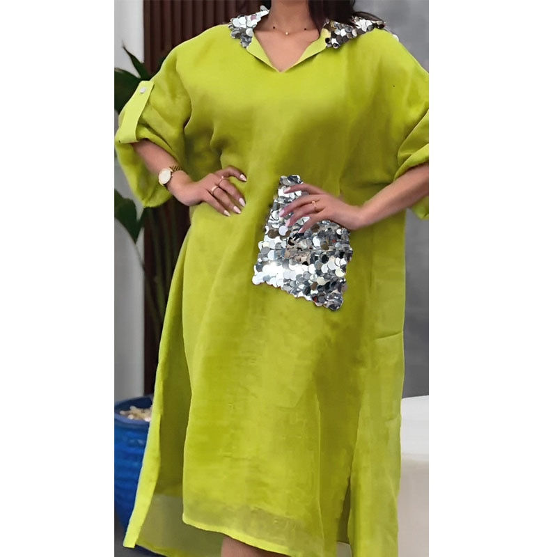 Imej kecil: New Saudi style loose large size women's dress sequin cotton linen fish scale s
