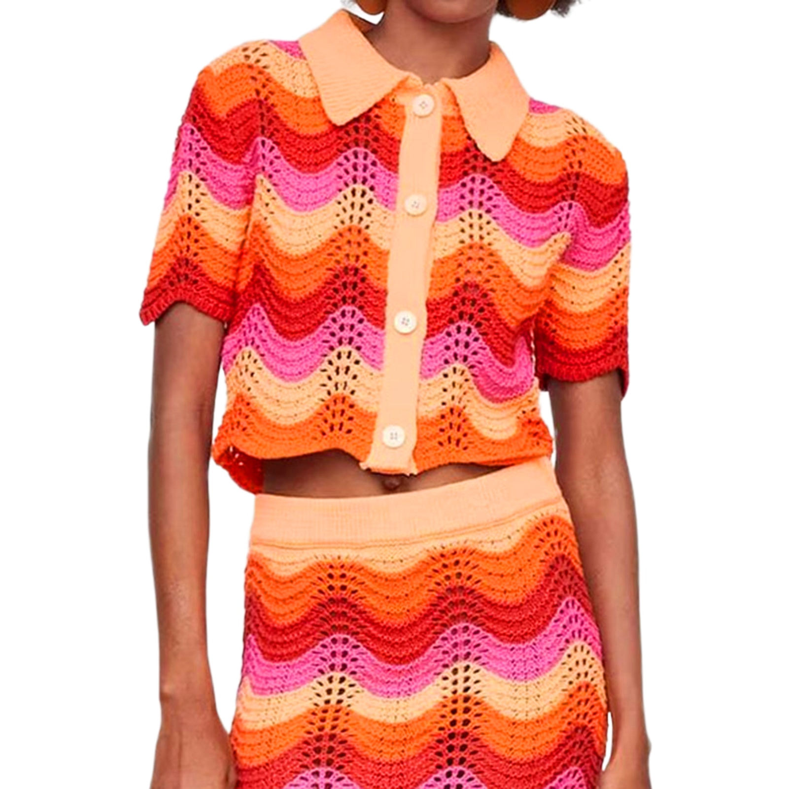 2 Piece Crochet Sets Women Short Sleeve Top Elastic Wasit Skirt Sexy Knit Wave