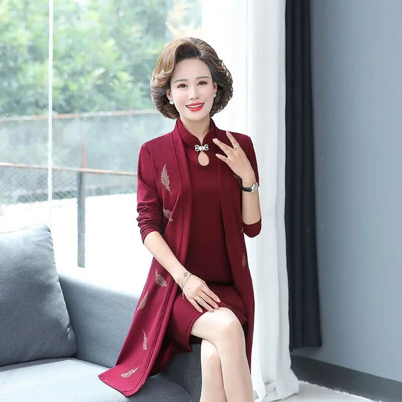 Thumbnail: Oriental Style Women Two Pieces Dresses leaves Knee Length Cardiagn and Sleevle
