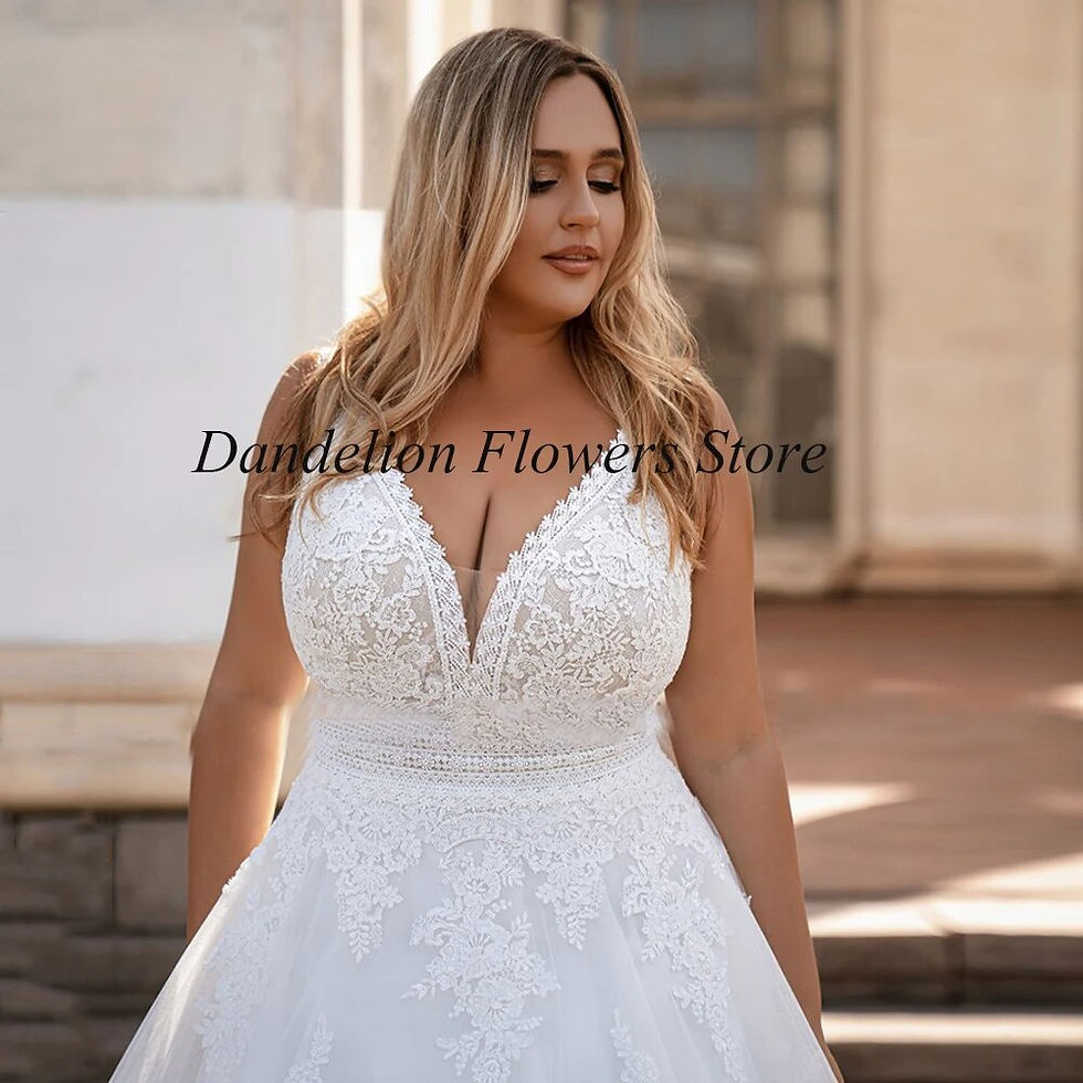 Thumbnail: V-Neck Plus Size Wedding Dresses For Bride Sleeveless Tulle With Lace Applique