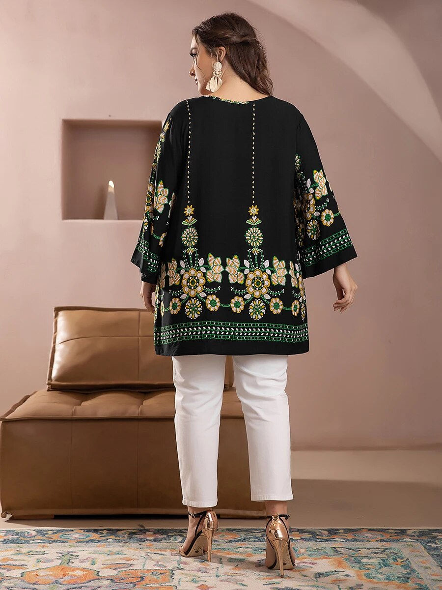 Thumbnail: 5XL Plus Size Blouse Shirt Women 2023 Summer O Neck Long Sleeve Floral Print Ca