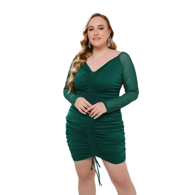 थंबनेल: Plus Size Long Sleeve Ruched Bodycon Dress Women V Neck Bandage Mini Dresses Sk