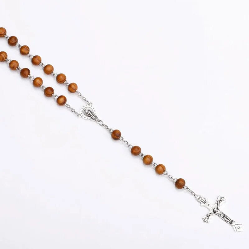 Thumbnail: 8MM Wood Rosary Beads Necklace For Women Men Catholic Jesus Christ On INRI Cros