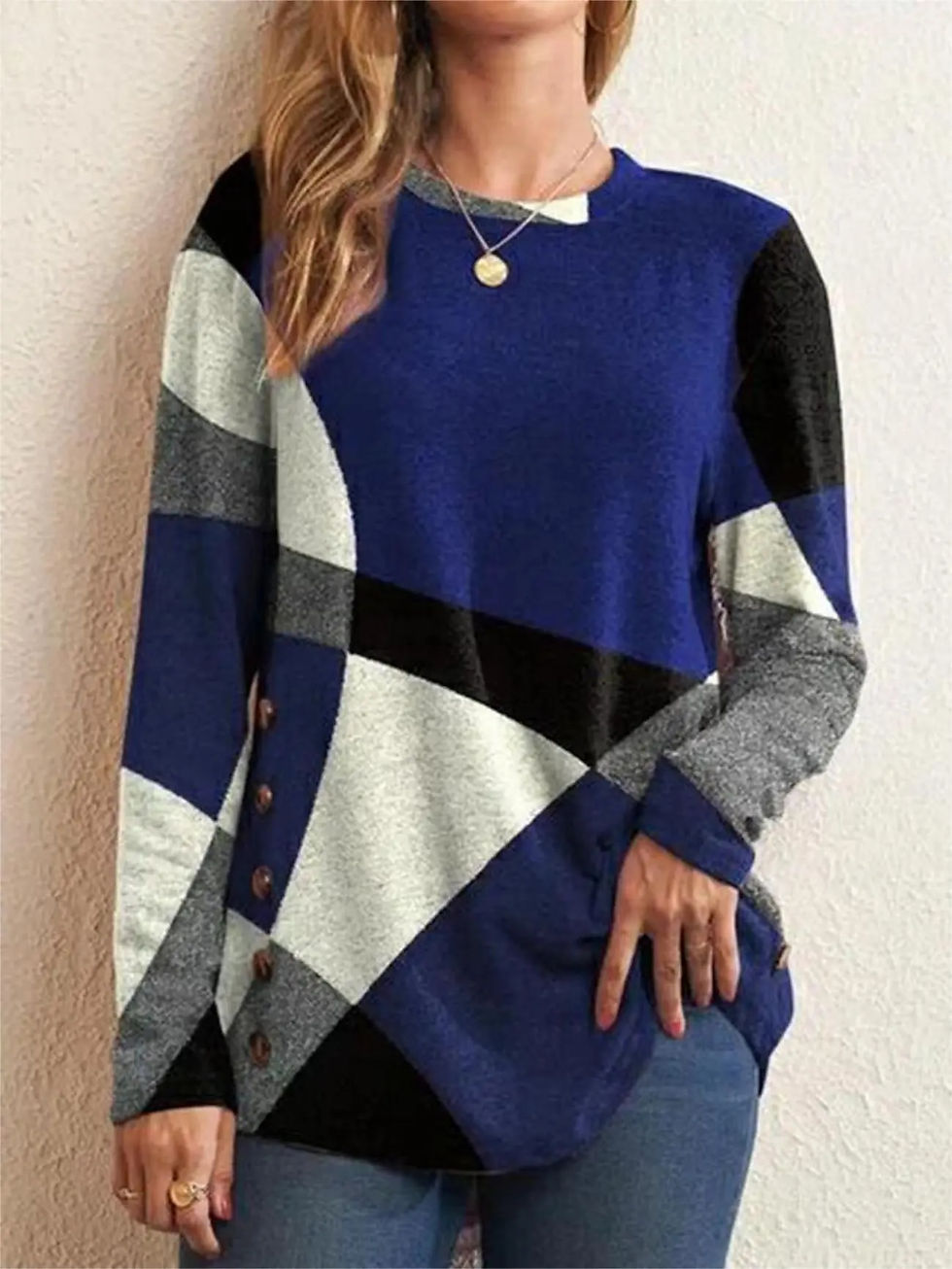 Thumbnail: European and American Women Casual Color Block Long Sleeve Buttons Top Dressy C