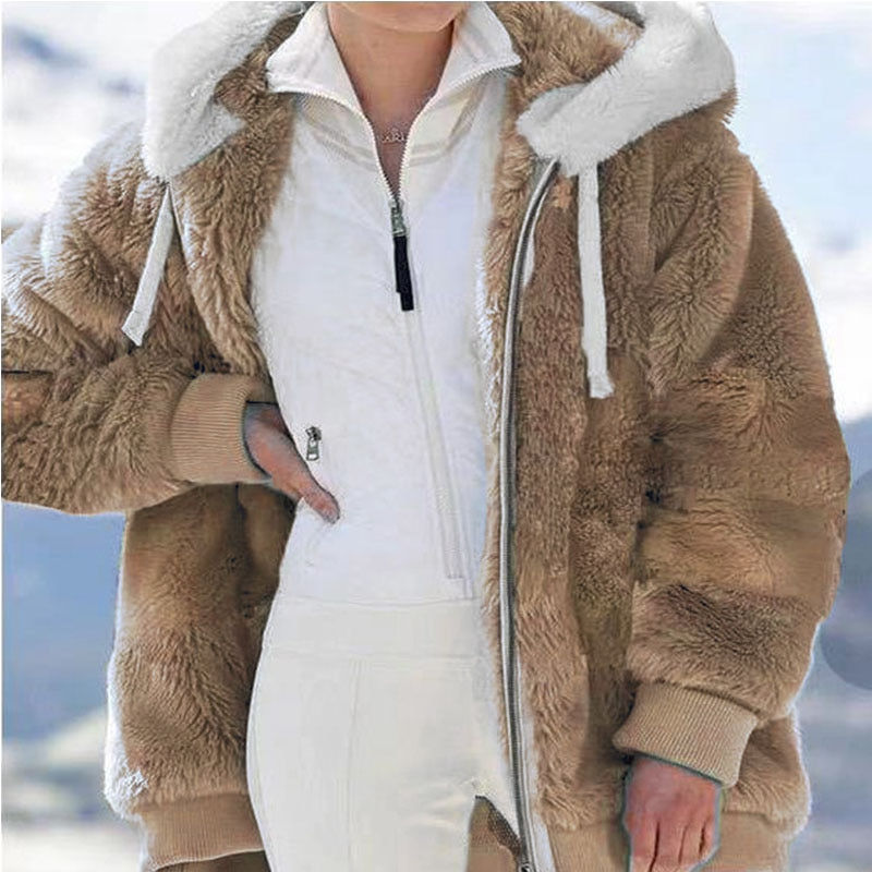 Thumbnail: Winter Women Jackets Plush Casual Oversize Fleece Plaid Faux Fur Fashion Hooded