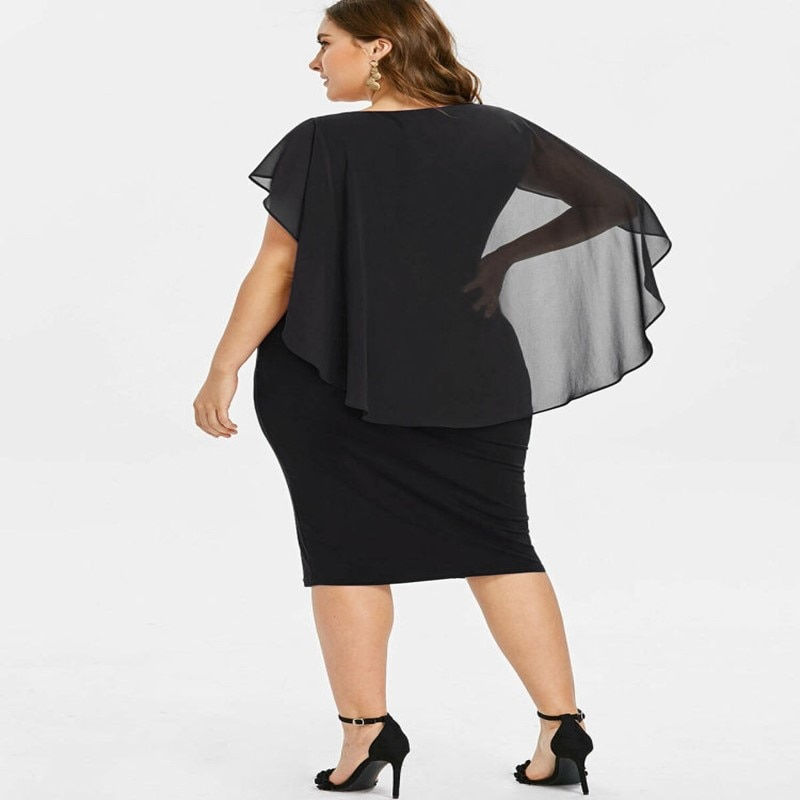 Thumbnail: Cloak Sleeves Plus Size Chiffon Cape Dress Summer High Street Ruched Bodycon Ch