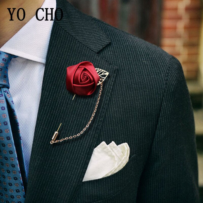YO CHO Groomsmen Boutonniere Wedding Corsage Men Brooch Pin Burgundy Silk Rose