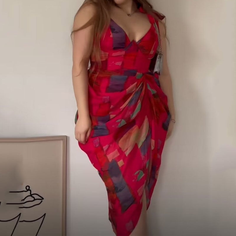 Thumbnail: Stylezor Women Plus Size Dress Summer Casual V Neck Sleeveless Tie Up Pleated S