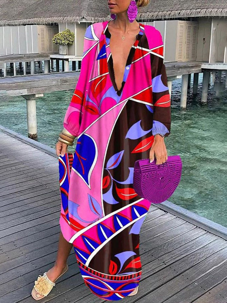 Thumbnail: Boho Printed Loose Dress Women 2023 Retro Cute Deep V Neck Patchwork Dress Spri