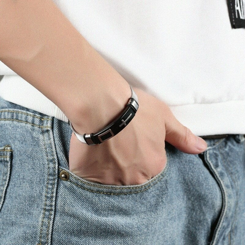 Thumbnail: Christian Cross Adjustable Titanium Steel Men's Bracelet New Fashion Metal