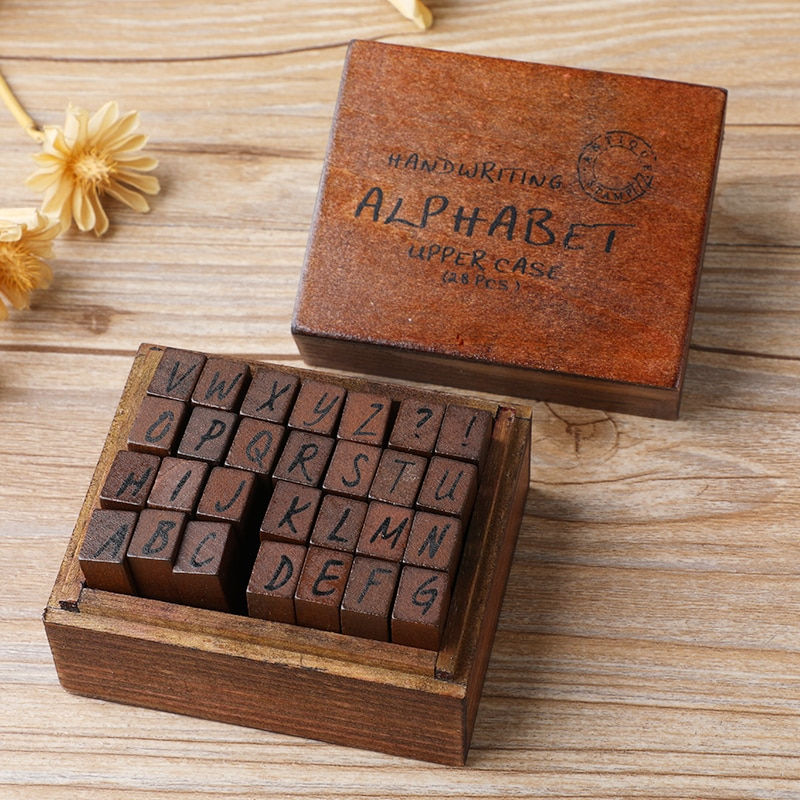Thumbnail: Yoofun 28pcs Alphabet Stamps Vintage Wooden Rubber Letter Standard Stamp Set fo