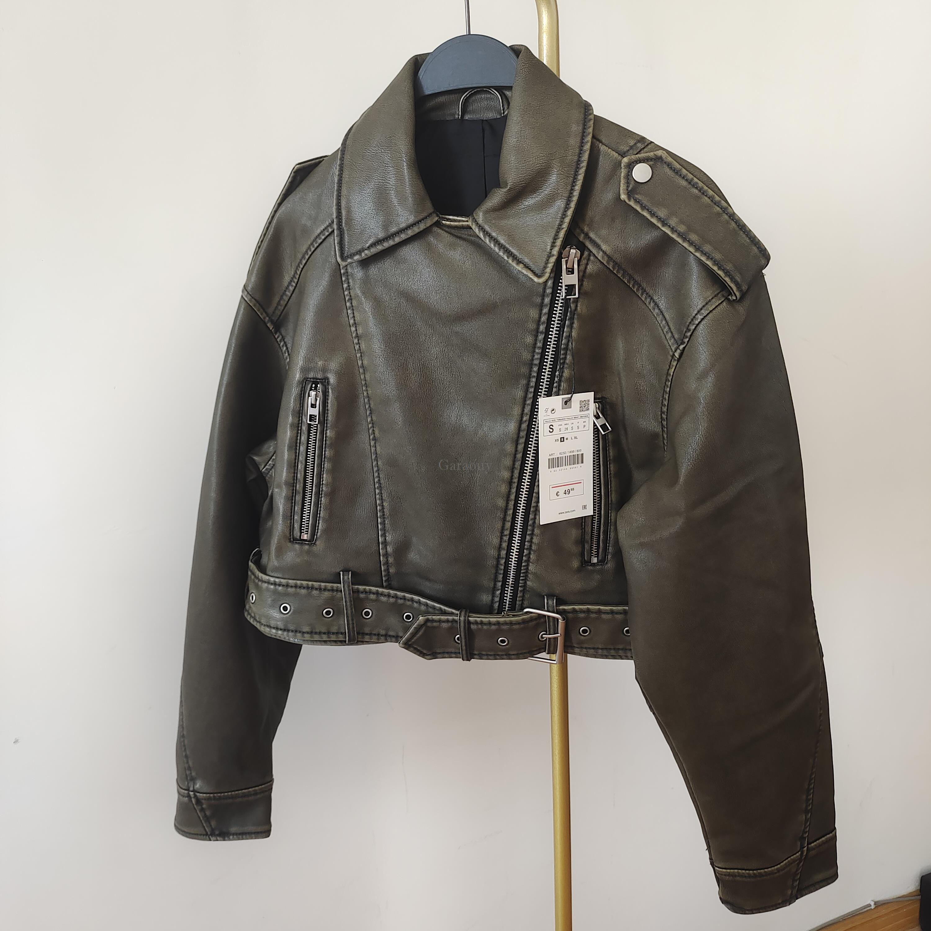 New Spring Woman Faux Leather Jacket Chic Vintage Short Lapel Zipper Belt Biker