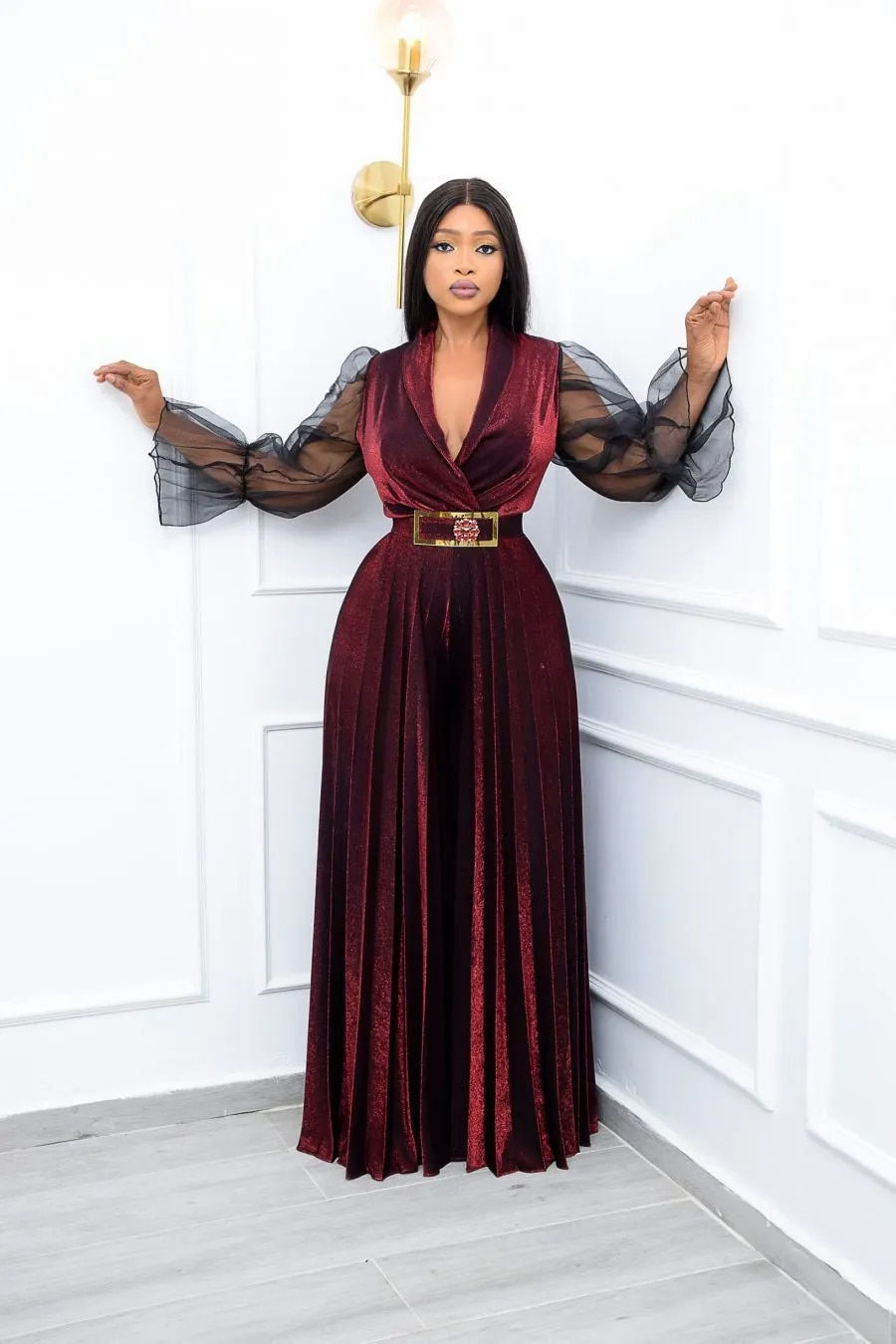 Miniatura: plus Size Women Velvet Jumpsuits Sheer Long Sleeve Pleated Wide Leg Pants One P