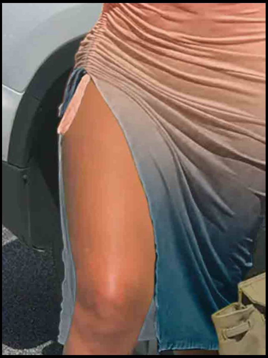 Pikkukuva: LW Plus Size Dresses Summer Gradient Drawstring Ruched Bodycon Dress High Split