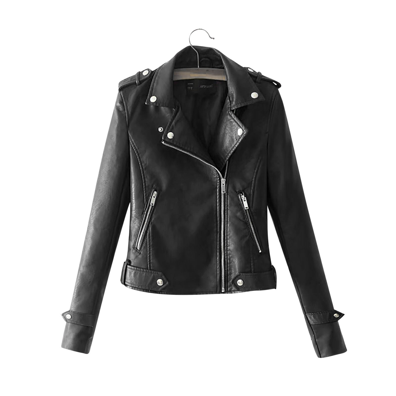 Womens Autumn Turn Down Collar Bomber Black Jacket Solid Color Zipper Long Slee